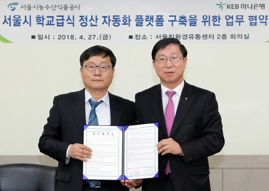 노광섭 서울시 농수산식품공사 친환경유통센터장(왼쪽)과 김인성 KEB하나은행 기업사업본부 전무가 기념촬영을 하고 있다.   KEB하나은행 제공